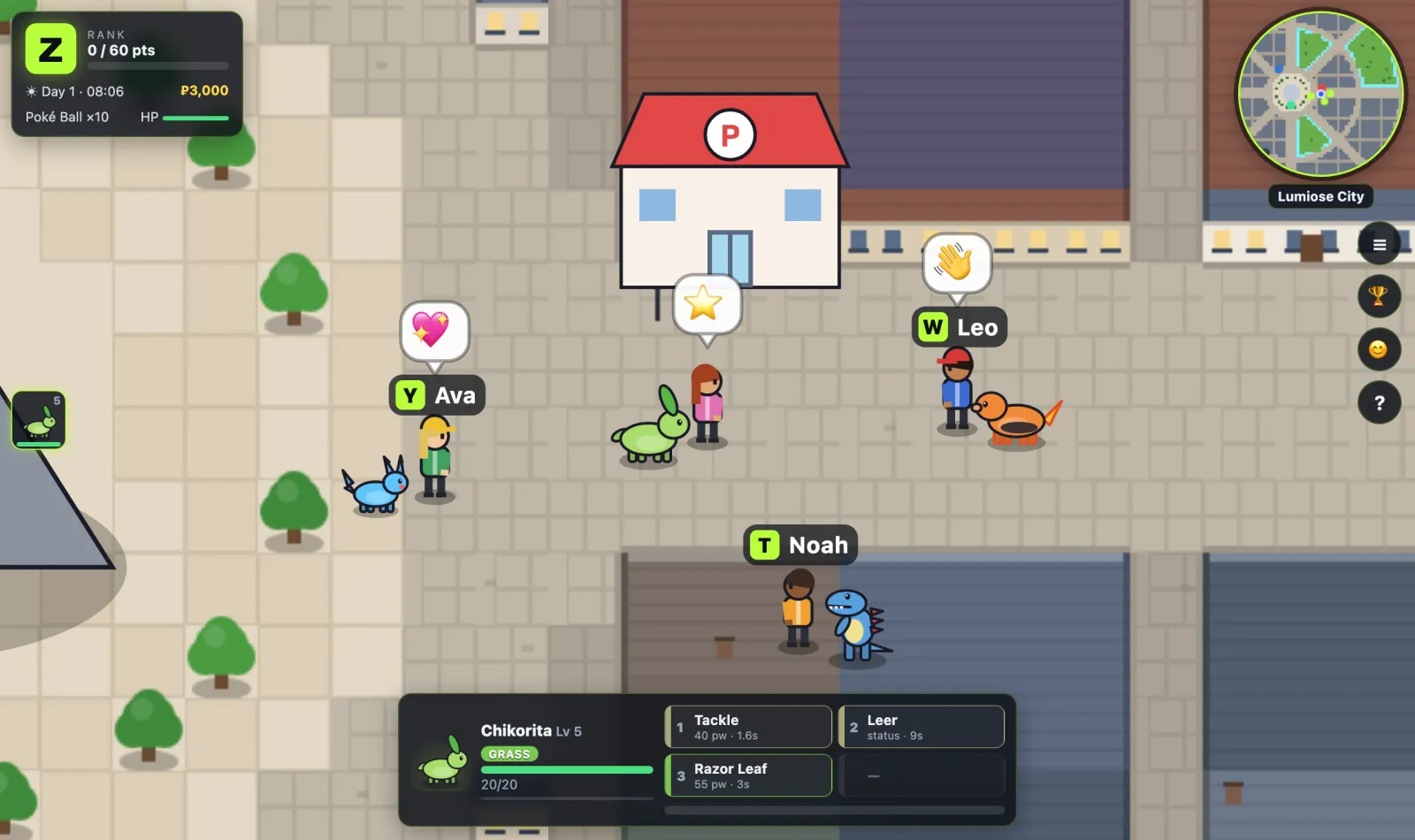 Three trainers standing together in Lumiose City with their Pokémon, one waving